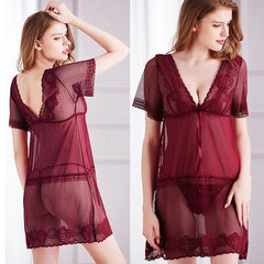 Deep V Mesh See-Through Short Sleeve Night Dresses