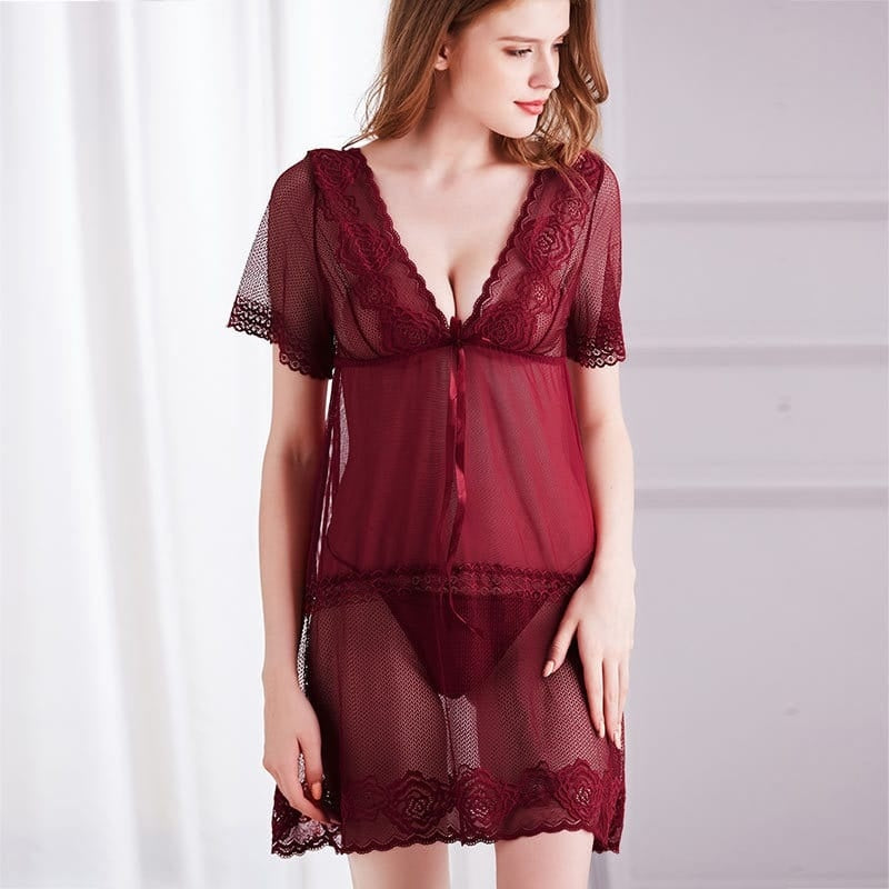 Deep V Mesh See-Through Short Sleeve Night Dresses