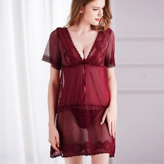 Deep V Mesh See-Through Short Sleeve Night Dresses