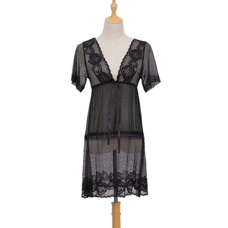 Deep V Mesh See-Through Short Sleeve Night Dresses
