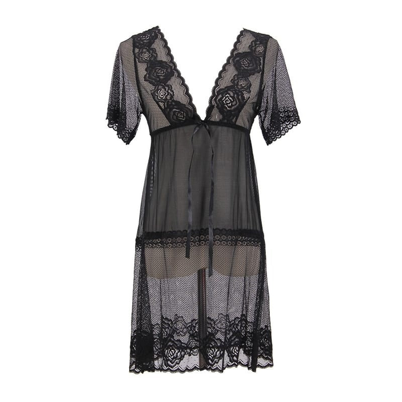 Deep V Mesh See-Through Short Sleeve Night Dresses