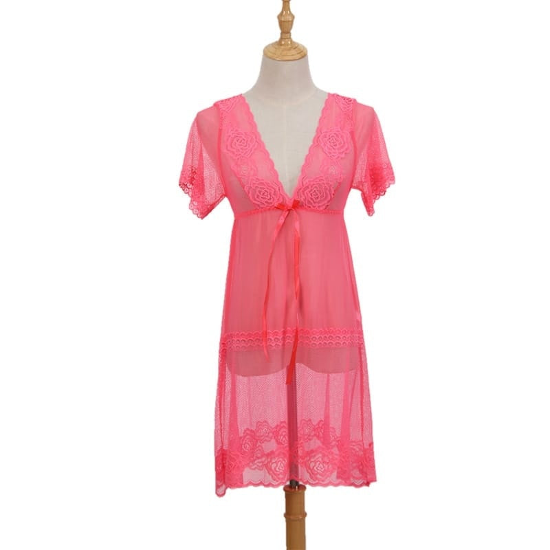 Deep V Mesh See-Through Short Sleeve Night Dresses