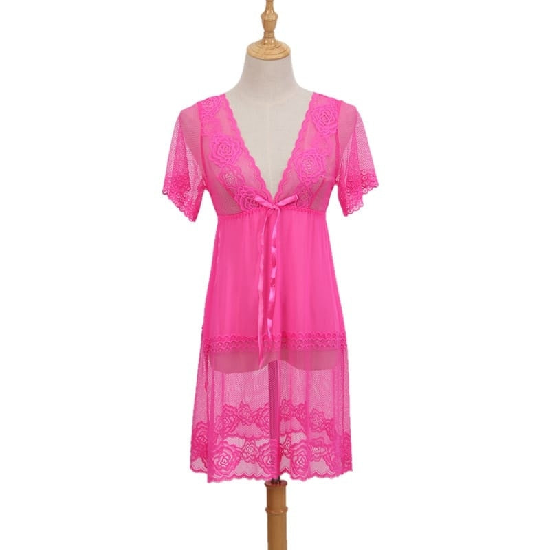 Deep V Mesh See-Through Short Sleeve Night Dresses