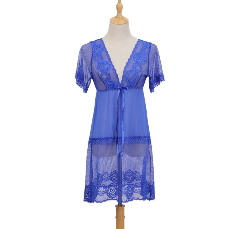 Deep V Mesh See-Through Short Sleeve Night Dresses