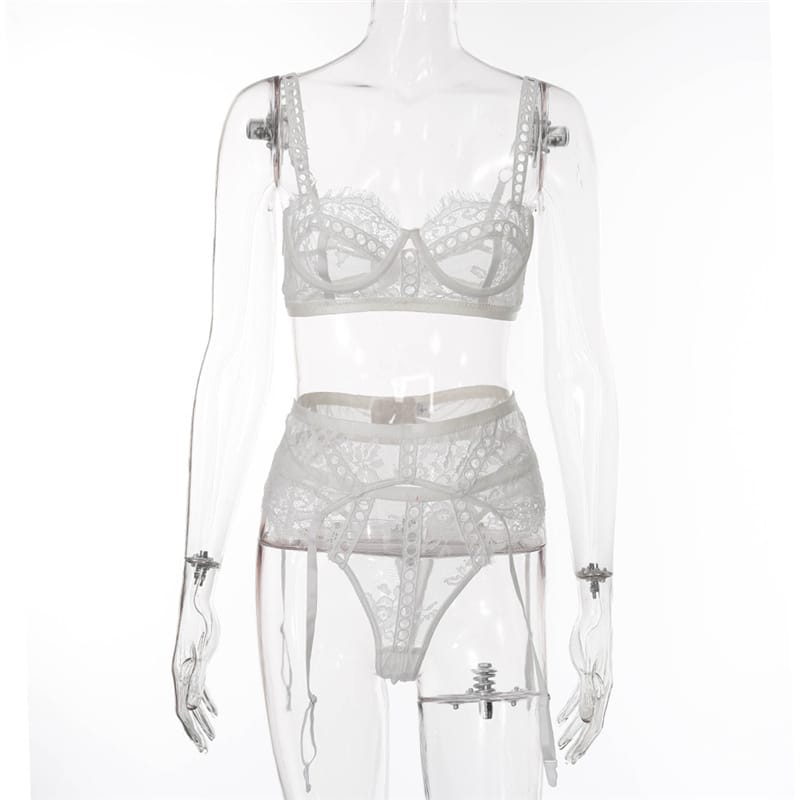 Embroidery Mesh Lace Bra Three Piece Set