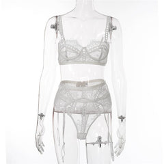 Embroidery Mesh Lace Bra Three Piece Set