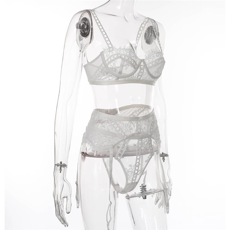 Embroidery Mesh Lace Bra Three Piece Set