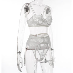 Embroidery Mesh Lace Bra Three Piece Set