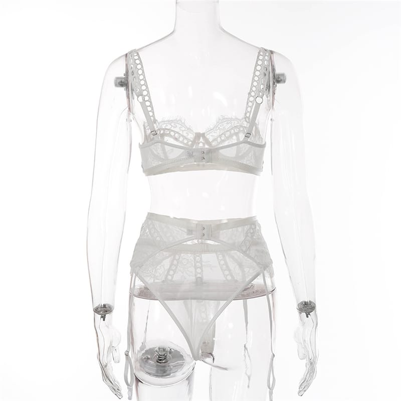 Embroidery Mesh Lace Bra Three Piece Set