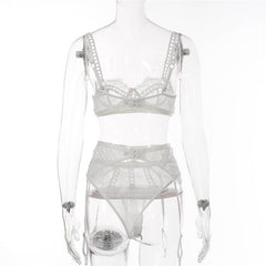 Embroidery Mesh Lace Bra Three Piece Set