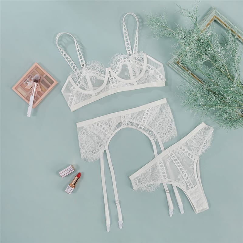Embroidery Mesh Lace Bra Three Piece Set