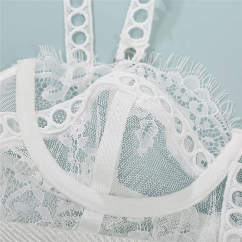 Embroidery Mesh Lace Bra Three Piece Set