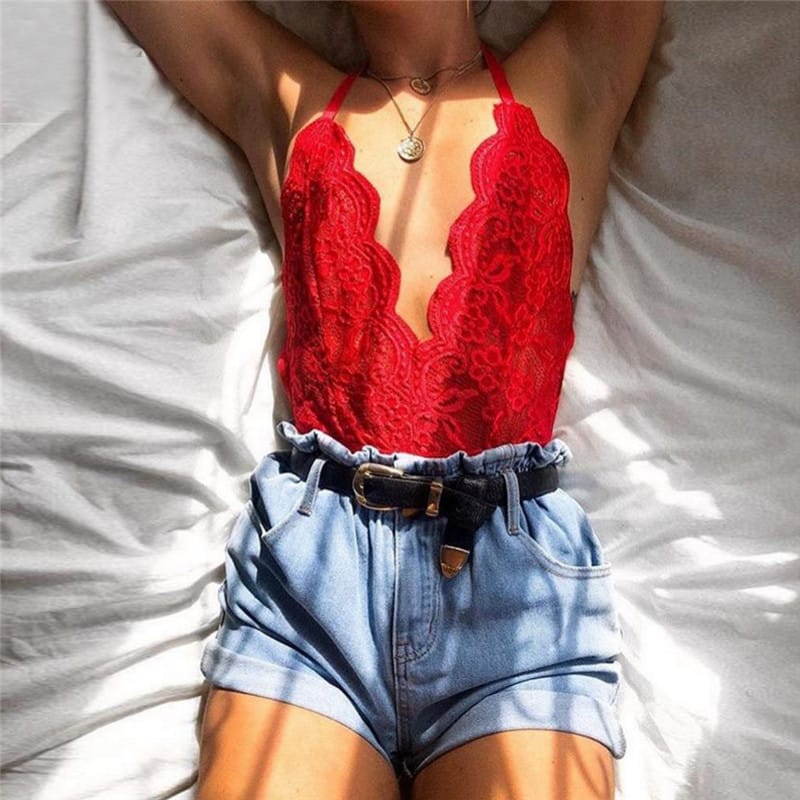 Hollow Lingerie Lace Deep V Loungewear Bodysuit