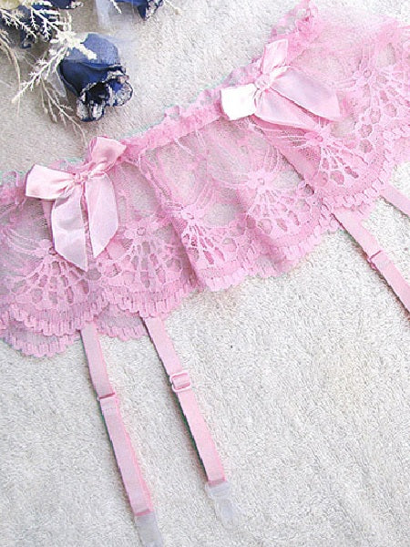 Lace Bow Patterned Garter Belt With Thong and Stocking