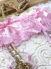 Lace Bow Patterned Garter Belt With Thong and Stocking