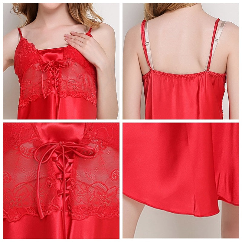 Lace Faux Silk V-neck Nightgown