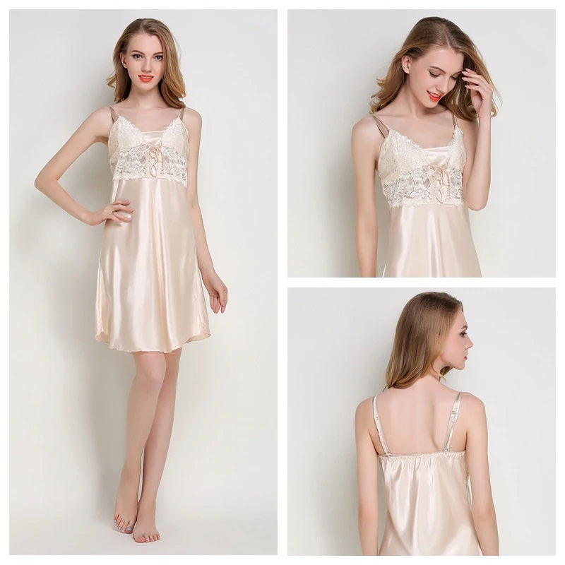 Lace Faux Silk V-neck Nightgown