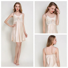 Lace Faux Silk V-neck Nightgown