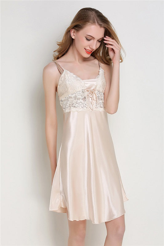 Lace Faux Silk V-neck Nightgown