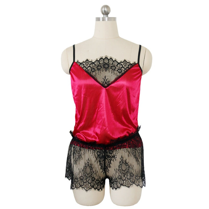 Lace Patchwork See-Through Satin Pajama Sets