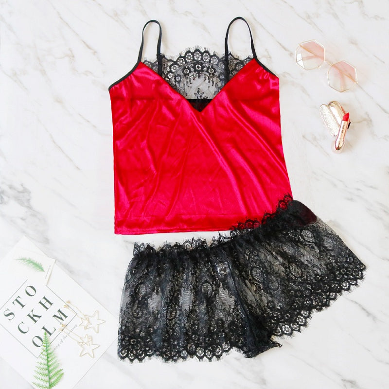 Lace Patchwork See-Through Satin Pajama Sets