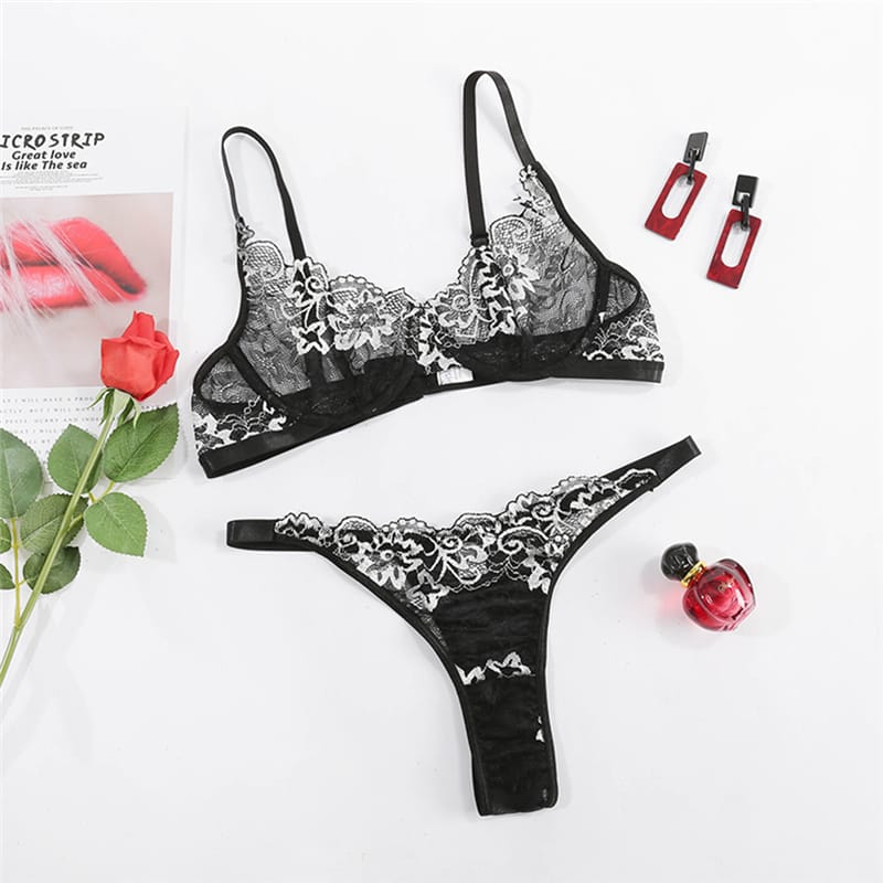 Lace See-through Underwire Bra And Tangas Two Pieces Set