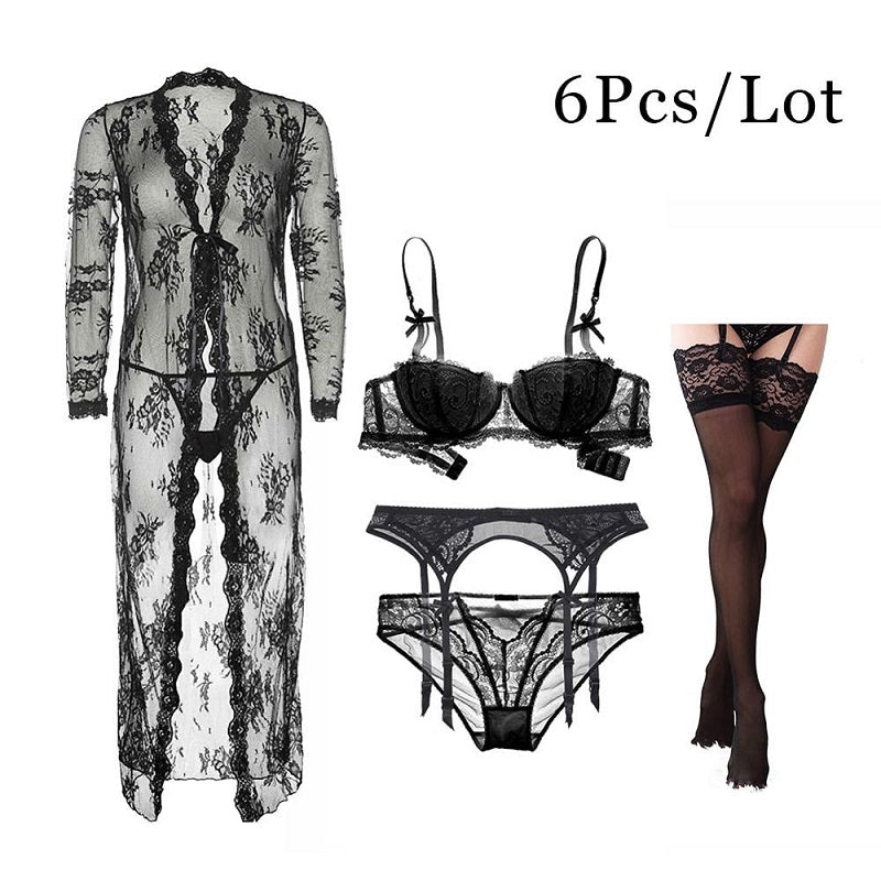 Lace Underwear Robe+Bra+Panties 6 Piece Set