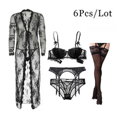 Lace Underwear Robe+Bra+Panties 6 Piece Set