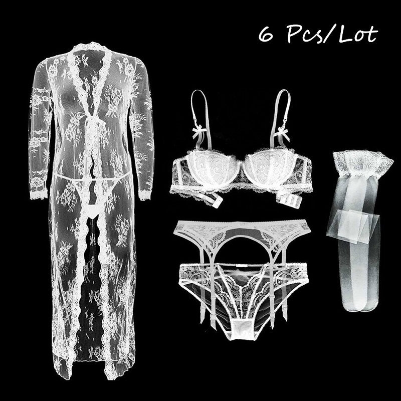Lace Underwear Robe+Bra+Panties 6 Piece Set