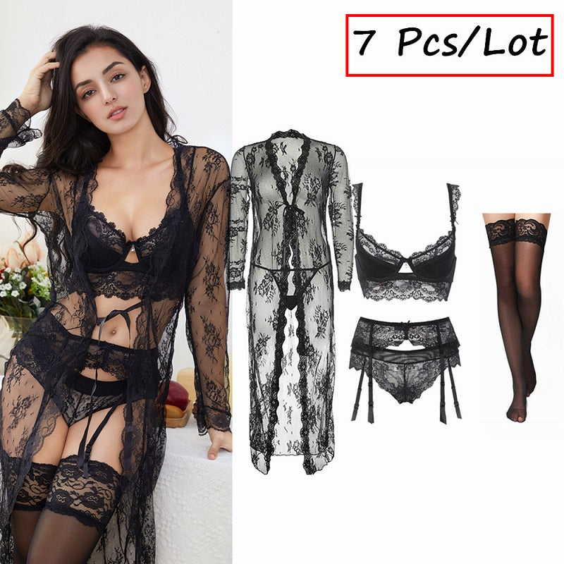 Lace Underwear Robe+Bra+Panties 7 Piece Set