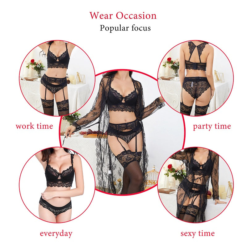 Lace Underwear Robe+Bra+Panties 7 Piece Set