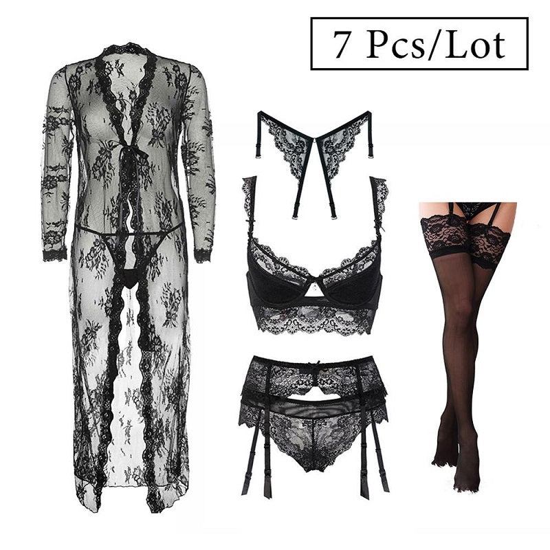 Lace Underwear Robe+Bra+Panties 7 Piece Set
