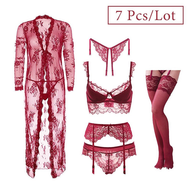 Lace Underwear Robe+Bra+Panties 7 Piece Set