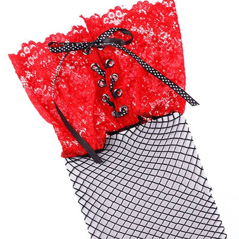 Lingerie See Through Fishnet Bandage Lace Patchwork Stockings
