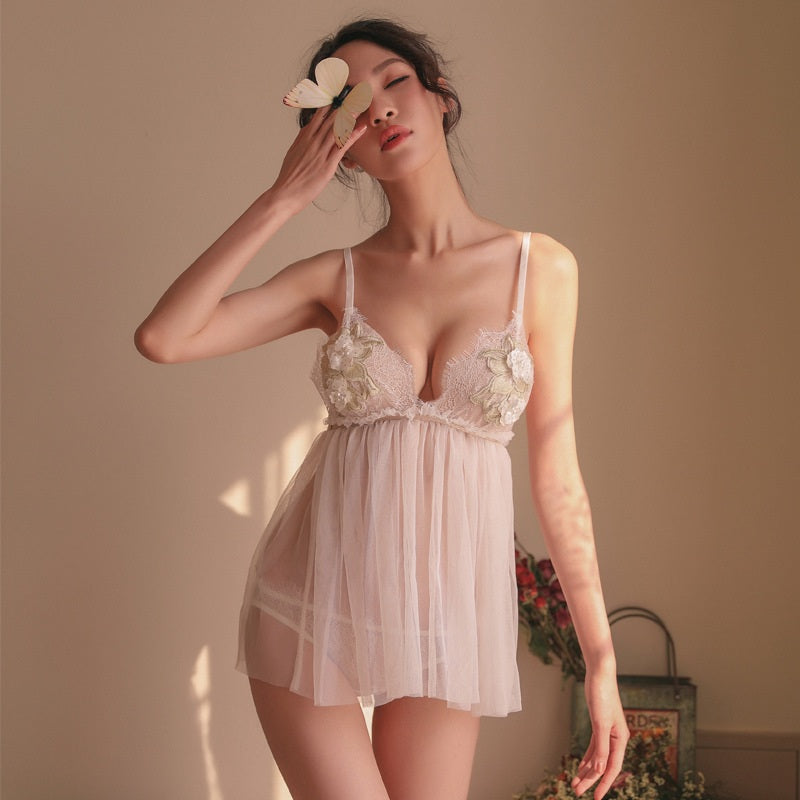Mesh Deep V Open Back Pajamas Set