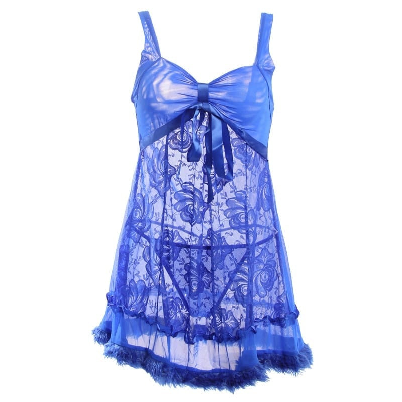 Mesh Pacthwork Plush Hemline Strap Sleep Dress
