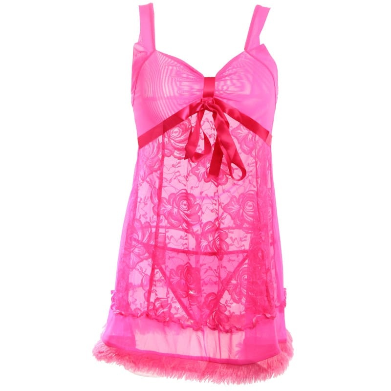 Mesh Pacthwork Plush Hemline Strap Sleep Dress