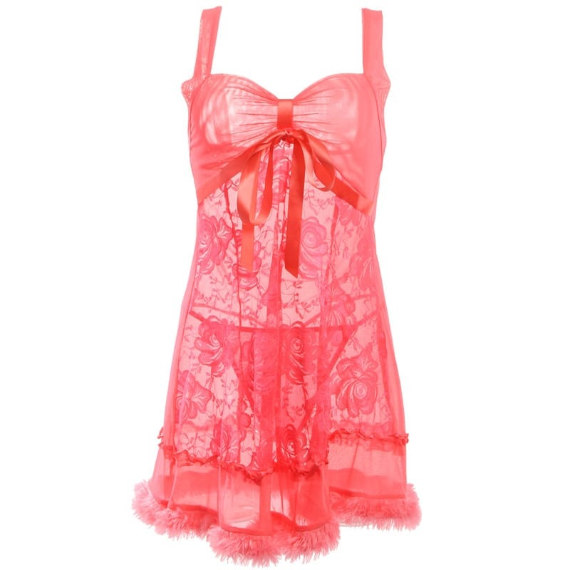 Mesh Pacthwork Plush Hemline Strap Sleep Dress