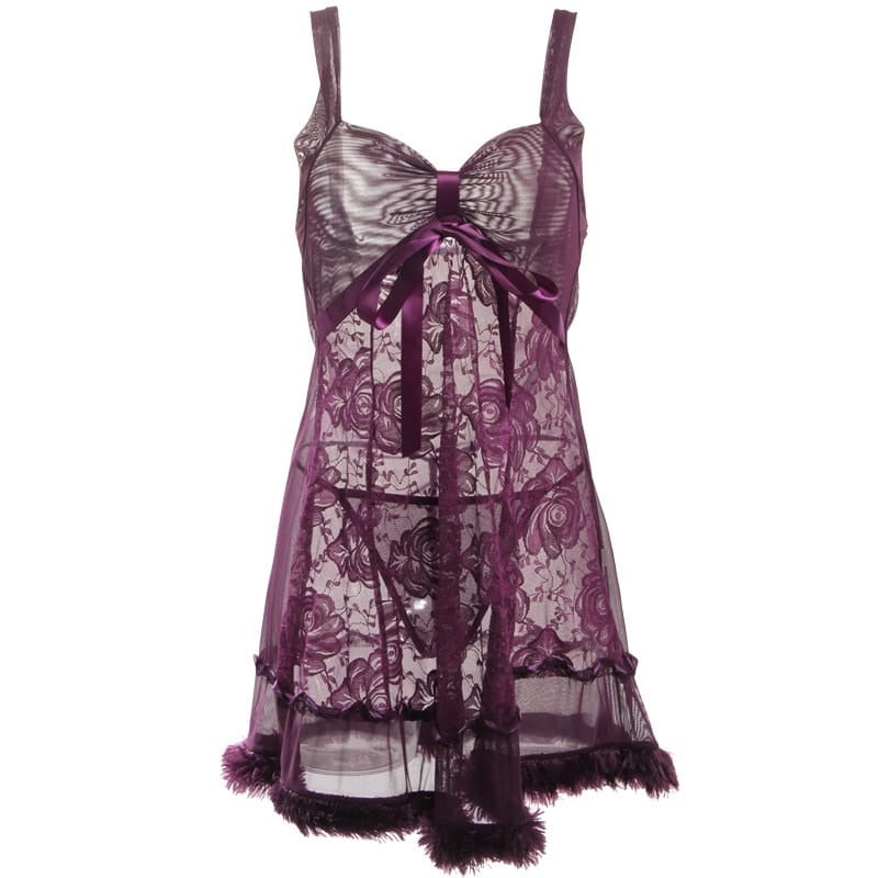 Mesh Pacthwork Plush Hemline Strap Sleep Dress