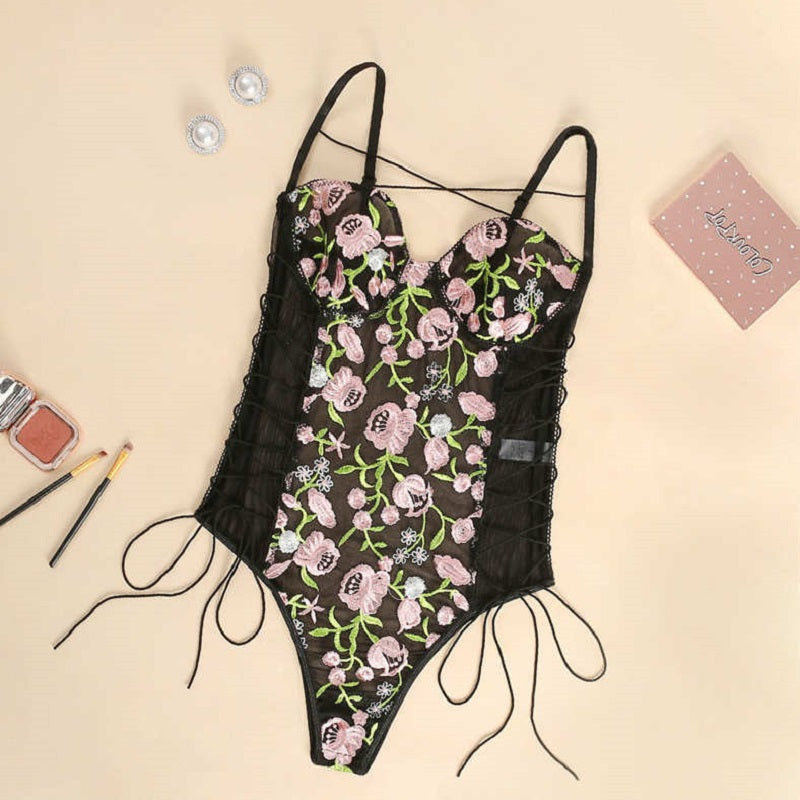 Mesh See-through Floral Embroidery Lace Up Bodysuit