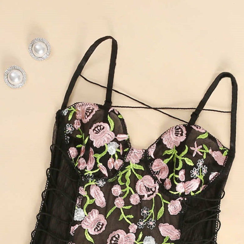 Mesh See-through Floral Embroidery Lace Up Bodysuit