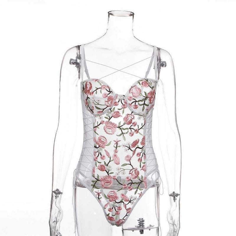 Mesh See-through Floral Embroidery Lace Up Bodysuit