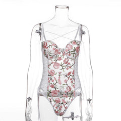 Mesh See-through Floral Embroidery Lace Up Bodysuit