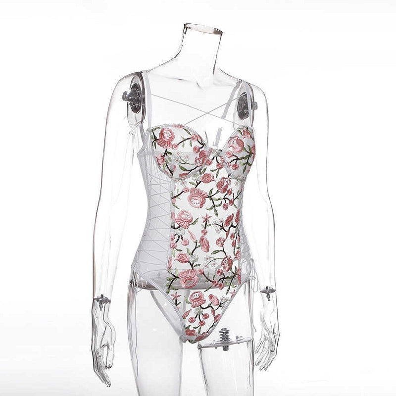 Mesh See-through Floral Embroidery Lace Up Bodysuit