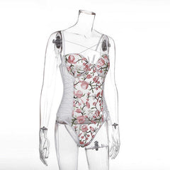 Mesh See-through Floral Embroidery Lace Up Bodysuit