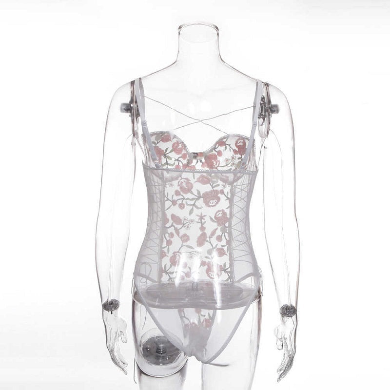 Mesh See-through Floral Embroidery Lace Up Bodysuit