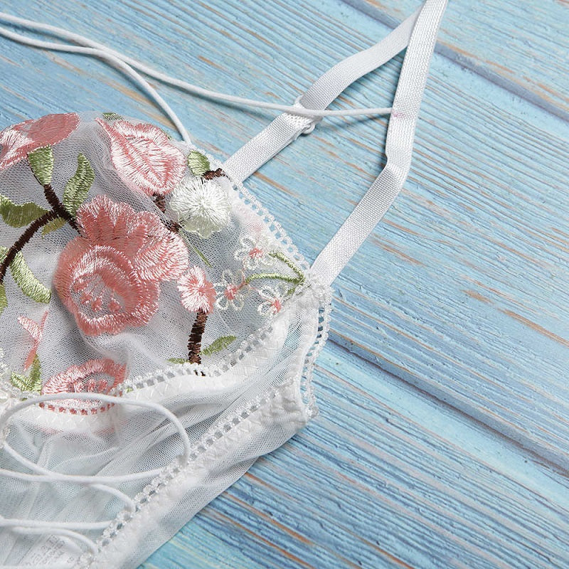 Mesh See-through Floral Embroidery Lace Up Bodysuit