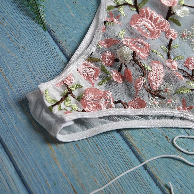 Mesh See-through Floral Embroidery Lace Up Bodysuit
