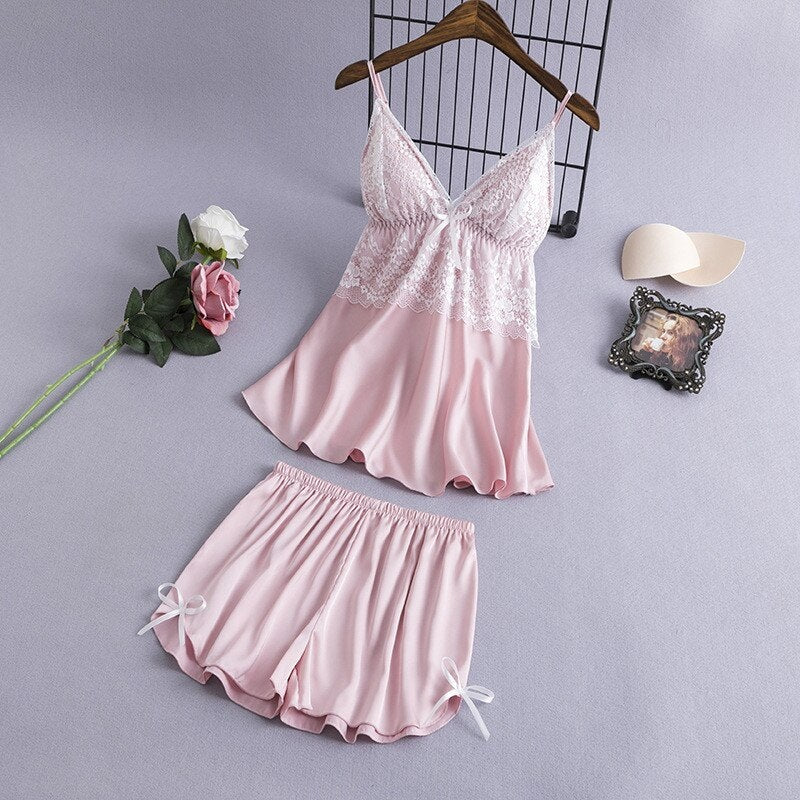 Sling Faux Silk Elegant Lace Pajamas