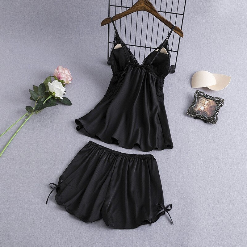 Sling Faux Silk Elegant Lace Pajamas